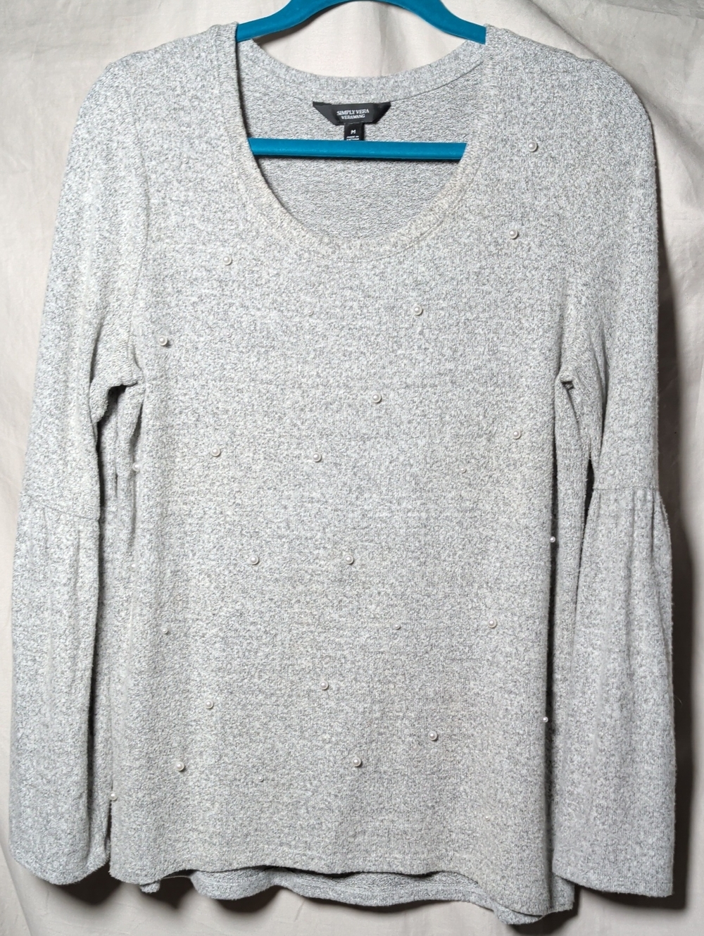 Simply Vera Vera Wang Light Gray Pearl-Embellished Scoop Neck Sweater Luxurious